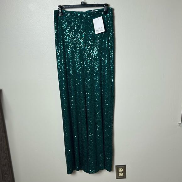 NWT Belle by Badgley Mischka Iris EMERALD GREEN sequin flat front drapey pants - Picture 5 of 14